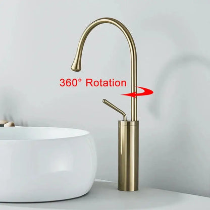 Modern gold waterfall wine glass basin faucet with sleek curved spout and cylindrical base by decorbites gold waterfall