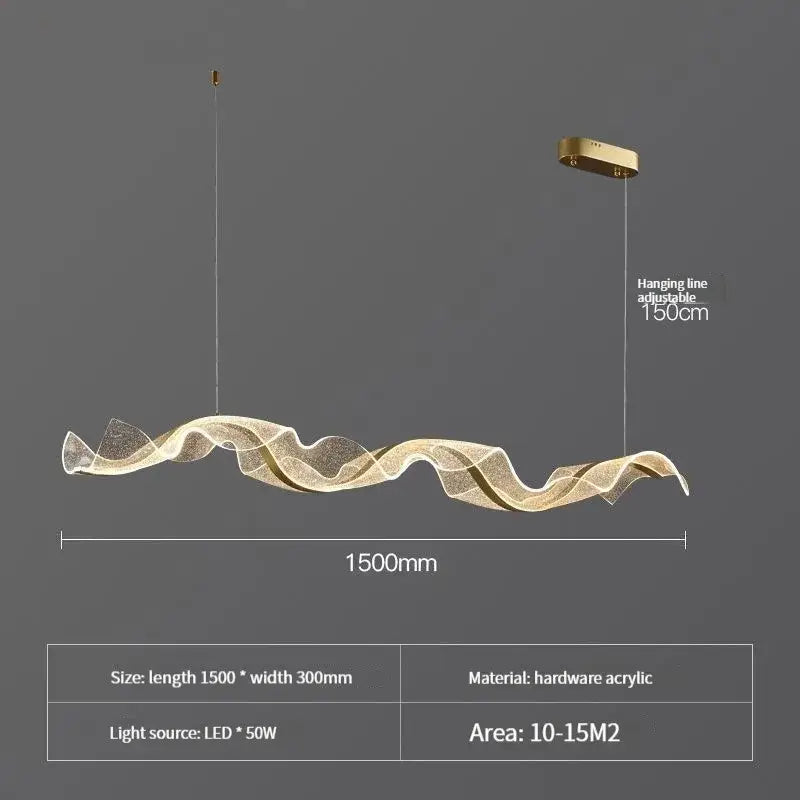 Modern gold wave design acrylic pendant light 150cm long with flowing wave shape and gold hardware finish for living room
