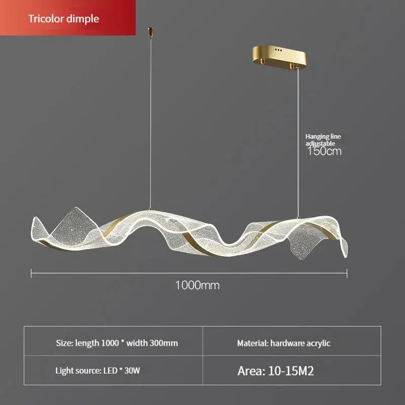 Modern pendant light with a gold wave design, translucent acrylic body, and gold-toned hardware for living room use