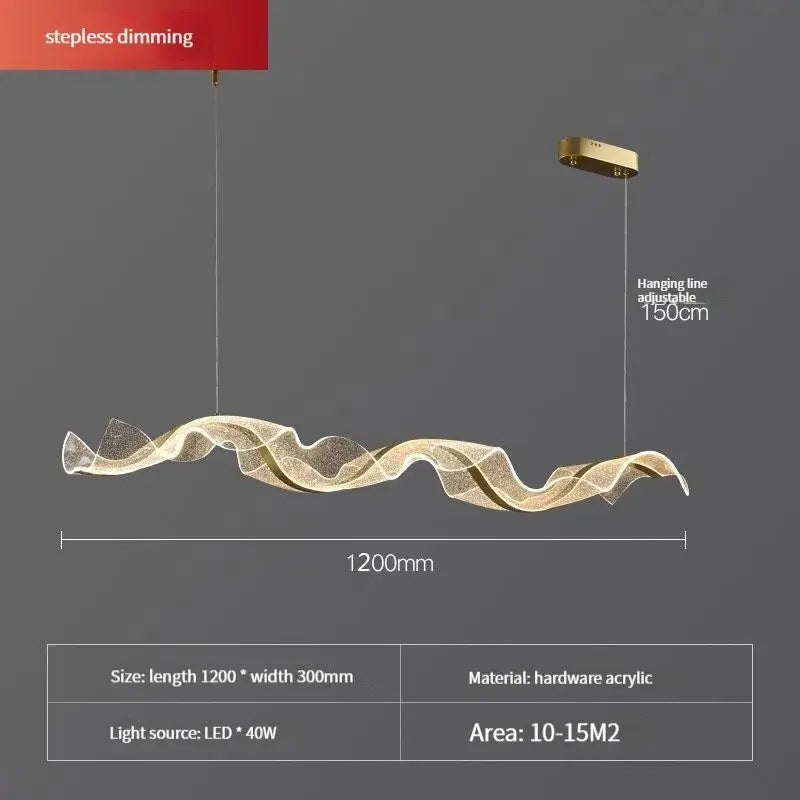 Modern pendant light featuring a gold wave design with a translucent acrylic body for living room decor