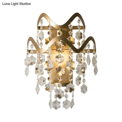 Modern gold wave sconce with shell accent direct wired electric wall light featuring cascading crystal flowers and teardrops