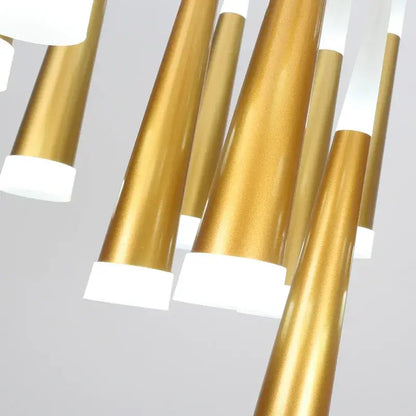 Modern gold and white acrylic led pendant lights with slender cylindrical arms and white diffusers for dining room decorbites acrylic led