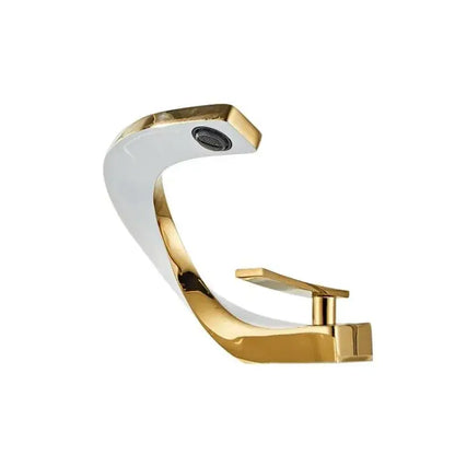 Modern gold and white ceramic bathroom basin faucet with a sleek curved spout for decorbites gold white bathroom decor