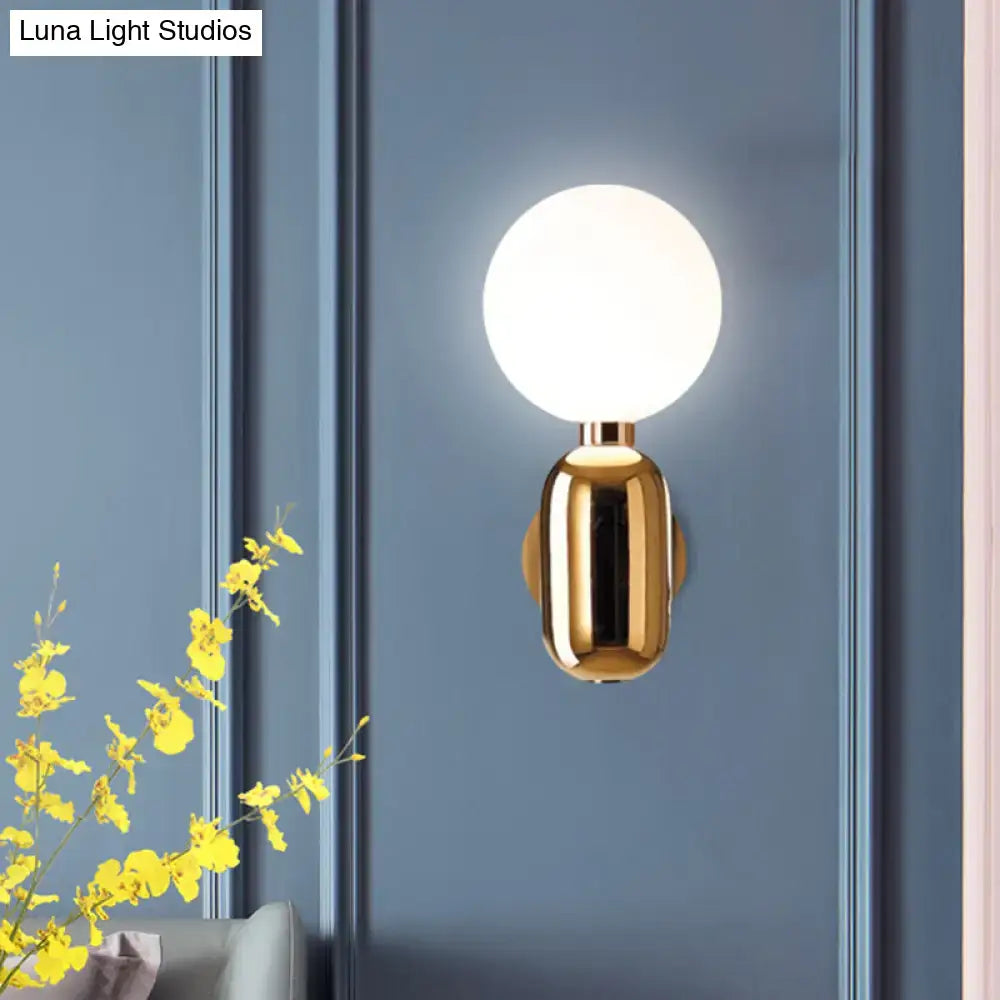 Modern gold wall sconce with white glass frosted globe compatible with e26 e27 bulbs for bedroom lighting