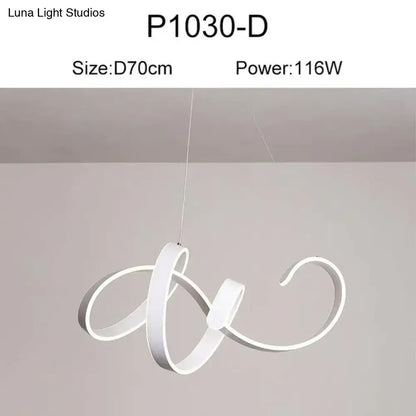 White modern led pendant lights with sleek flowing spiral design for dining room use in gold and white finish