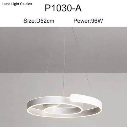 Modern led pendant light featuring two concentric rings in white and silver metallic finish for dining room lighting