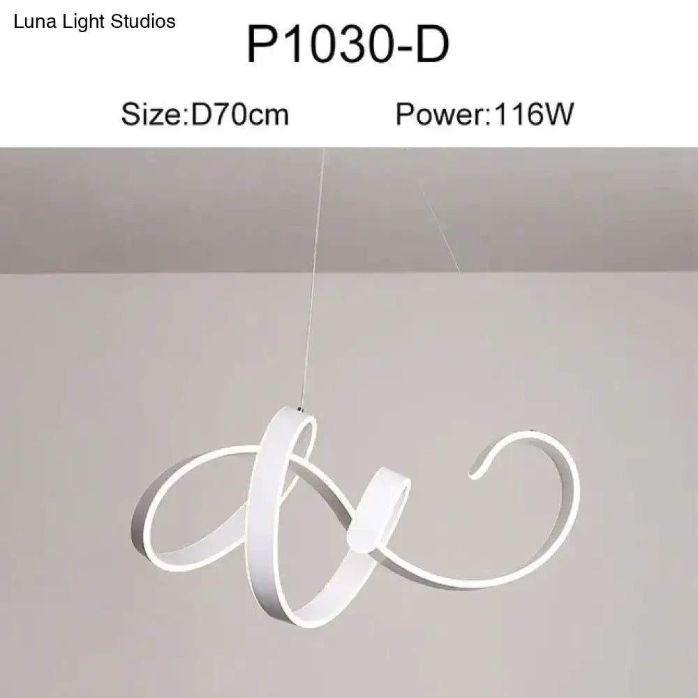 White sleek modern led pendant light with flowing cursive design for dining room pendant lights