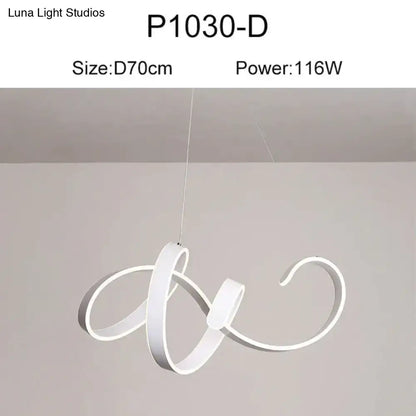 White sleek modern led pendant light with flowing cursive design for dining room pendant lights