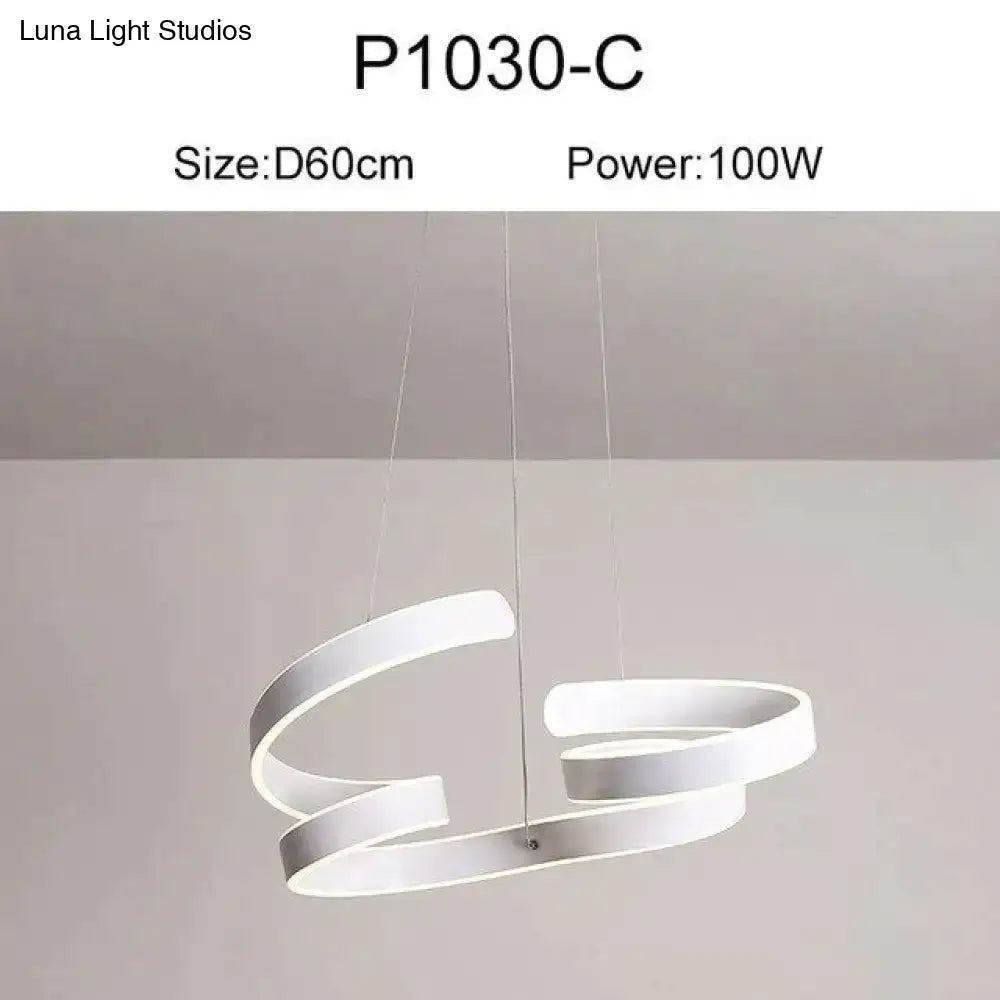White modern led pendant lights with sleek curved rings and minimalist design for dining room lighting