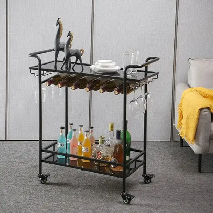 Black metal bar cart drinks trolley with glass shelves and wheels featuring decorative horse figurines and alcohol bottles