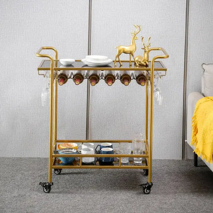 Modern gold finished metal bar cart with glass shelves and black caster wheels wine rack drinks trolley