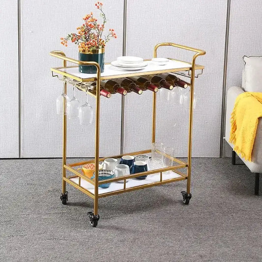 Modern gold and white marble bar cart drinks trolley with metal wine rack glassware holders and lower storage shelves