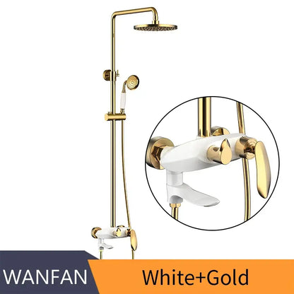 Modern gold and white shower head faucet set with rainhead handheld sprayer and dual-handle mixer decorbites black brass