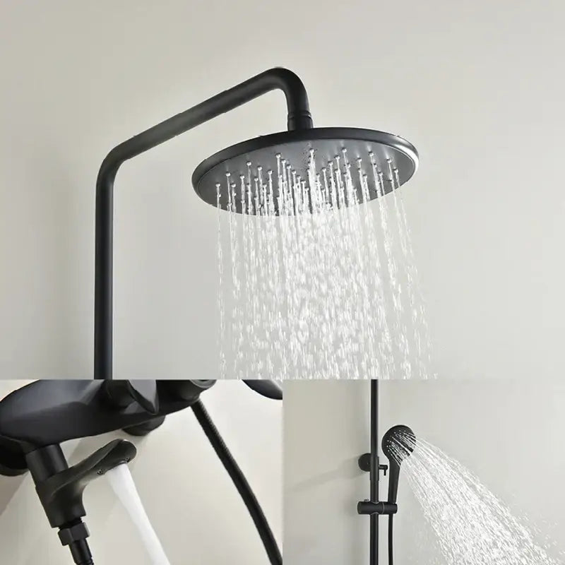 Black matte-finish rain shower head and matching handheld faucet set by decorbites black brass for modern bathroom decor