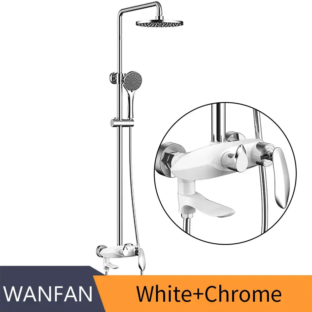 Modern gold and white faucet set bathroom system with white and chrome shower head featuring rainhead and handheld for decorbites black brass style