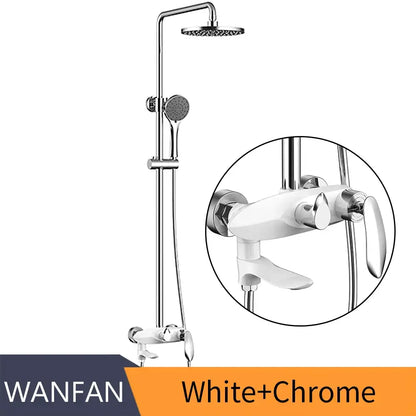 Modern gold and white faucet set bathroom system with white and chrome shower head featuring rainhead and handheld for decorbites black brass style