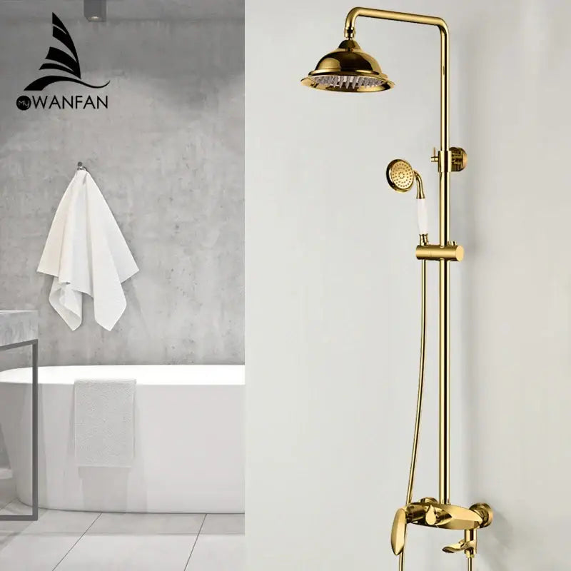 Modern gold and white shower head faucet set with polished brass hardware featuring a large rainhead and handheld nozzle decorbites black brass