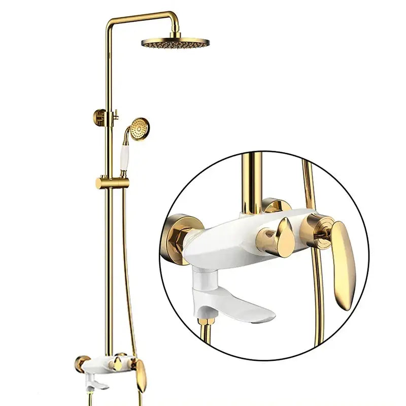 Modern gold and white shower head faucet set bathroom system with tall rainhead handheld sprayer and dual-handle mixer valve decorbites black brass