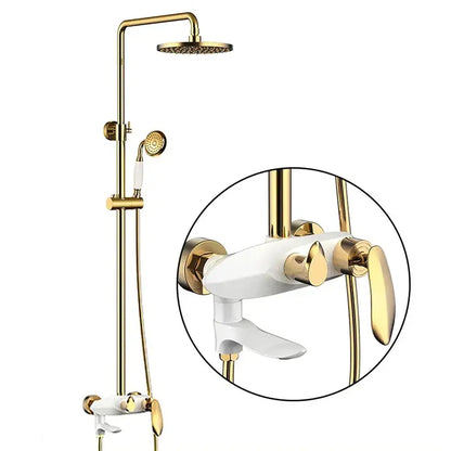 Modern gold and white shower head faucet set bathroom system with tall rainhead handheld sprayer and dual-handle mixer valve decorbites black brass