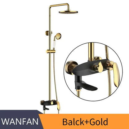 Modern gold and white wanfan faucet set with black brass shower head rainhead handheld sprayer and dual-handle mixer valve