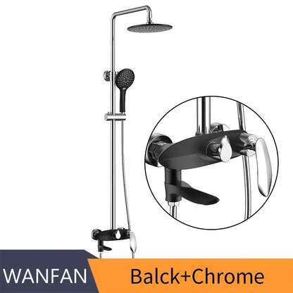 Wanfan black and chrome shower system with rainhead handheld shower and dual-handle mixer for bathroom decorbites black brass faucet set