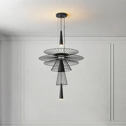 Modern black metal gravity suspension lamp chandelier with tiered wireframe petals and conical light fixtures for dining room