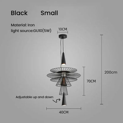 Modern gold wireframe gravity suspension lamp featuring a black iron tiered pendant with gu10 bulb for dining room use