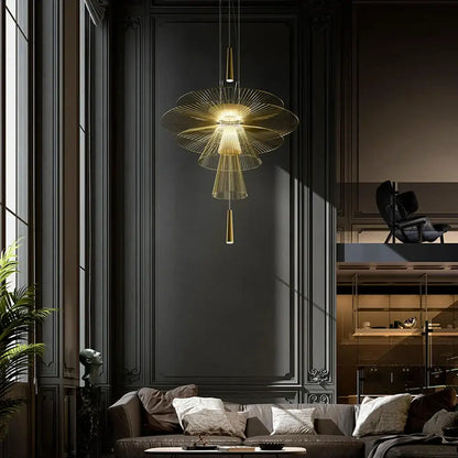 Modern gold wireframe gravity suspension lamp with multi-tiered fan design and slender hanging rods for dining room use