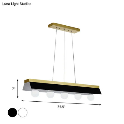 Modern rectangular pendant light with sleek gold frame black white shade five frosted glass globe bulbs for restaurant use