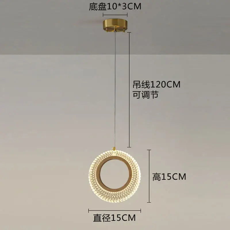 Modern gold woven decorbites crystal led chandelier with circular pendant light and sparkling crystal outer ring suspended by cord