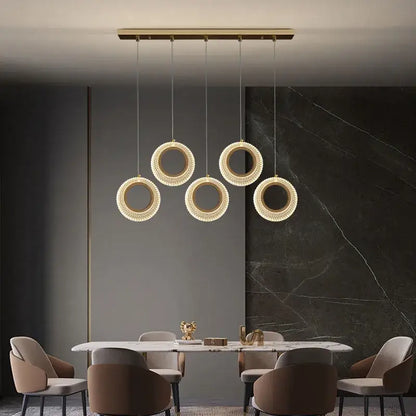 Modern gold woven crystal led chandelier with circular pendant lights by decorbites crystal led for kitchen decor