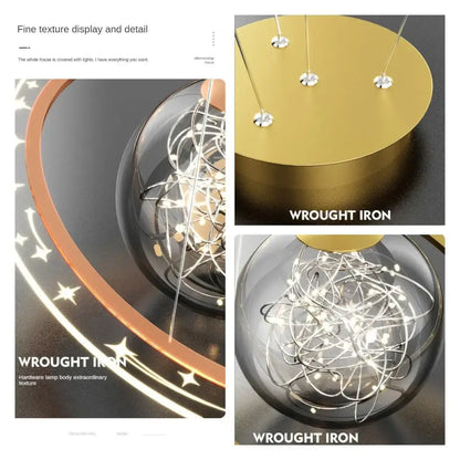 Modern golden acrylic led chandelier featuring a gold-colored wrought iron pendant with spherical glass and white led string lights
