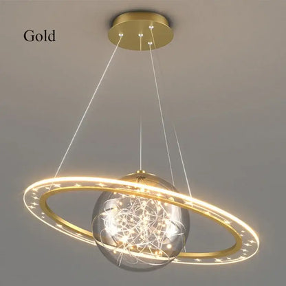 Modern golden acrylic led chandelier pendant light with gold planet design and illuminated star ring for bedroom decorbites golden acrylic