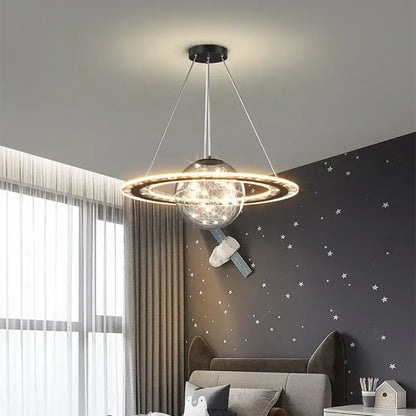 Modern golden acrylic led chandelier planet pendant light with clear glass sphere and illuminated acrylic led rings for decorbites