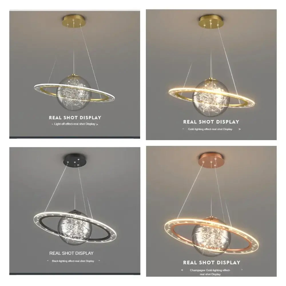 Modern golden acrylic led chandelier bedroom planet pendant light with clear glass sphere and gold-toned metallic rings decorbites golden acrylic