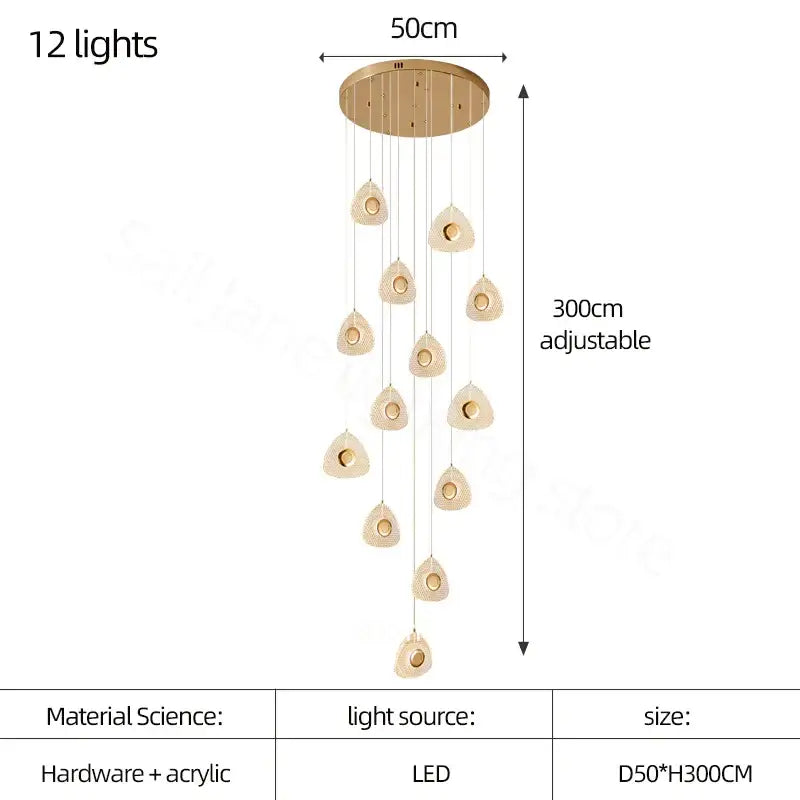 Modern golden acrylic led chandeliers featuring 12 teardrop-shaped acrylic lights suspended from a circular base for living room decorbites golden acrylic design