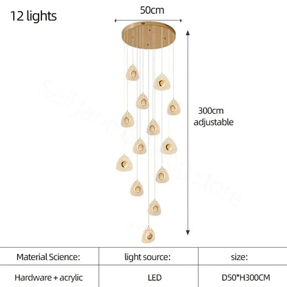 Modern golden acrylic led chandeliers featuring 12 teardrop-shaped acrylic lights suspended from a circular base for living room decorbites golden acrylic design