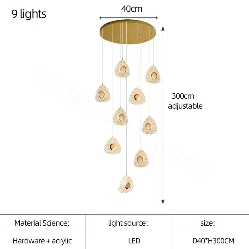 Modern golden acrylic led chandelier with nine teardrop-shaped acrylic light fixtures for living room decorbites golden acrylic