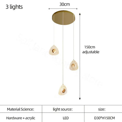 Modern golden acrylic led chandeliers featuring three teardrop-shaped acrylic shades on a circular base for living room decorbites golden acrylic lighting