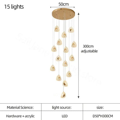 Modern golden acrylic led chandelier with 15 warm-toned lights suspended from a circular brass base for living room decorbites golden acrylic