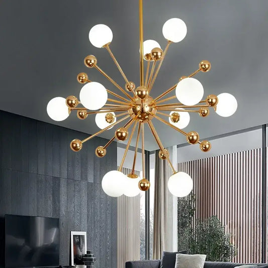 Modern golden acrylic molecule chandelier featuring gold-toned metal and spherical white glass globes for kitchen decorbites golden acrylic lighting