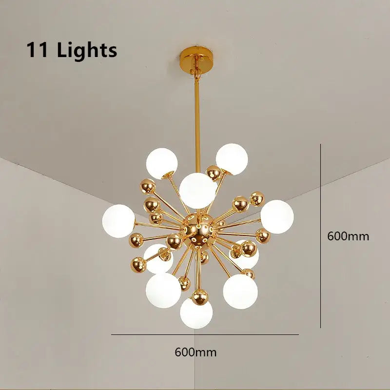 Modern golden acrylic molecule chandelier with 11 frosted glass globes in a starburst design for kitchen decorbites golden acrylic