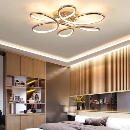 Modern golden aluminum ceiling lights with five interlocking circular rings flower design for living room decorbites ceiling lights