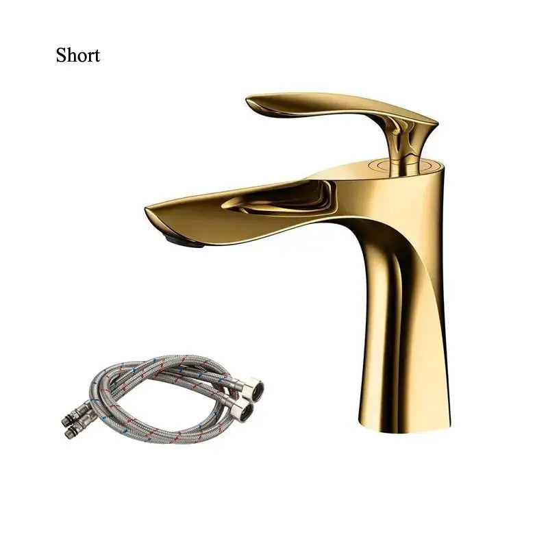 Modern decorbites golden bathroom faucet with single handle and curved spout for sleek basin tapware design