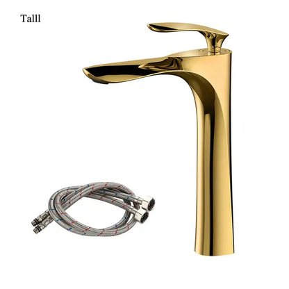 Modern golden bathroom faucet with sleek curved tall spout and single handle from decorbites golden bathroom collection
