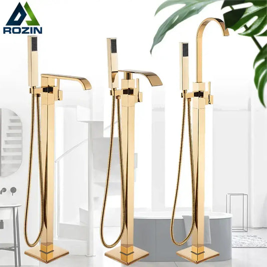 Modern golden bathtub shower faucet with gold finish, sleek rectangular spouts, and matching handheld showerhead by decorbites
