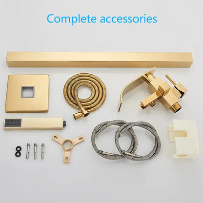 Modern golden bathtub shower faucet set with sleek gold-finished waterfall tap and matching rectangular showerhead decorbites golden bathtub