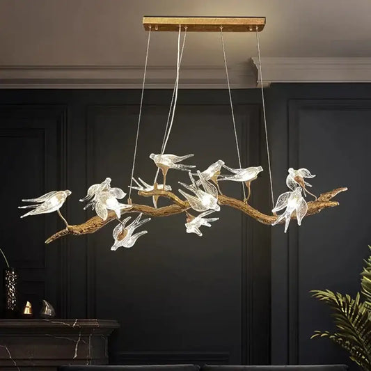Modern golden bird crystal glass branch chandelier featuring a rustic golden-brown decorbites bird crystal design for living room decor