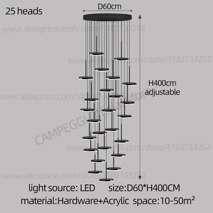 Modern golden black led long chandelier with 25 adjustable circular black led heads for staircase dining room decorbites golden black