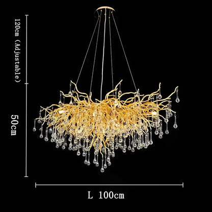 Modern golden branch crystal chandelier with dangling crystal droplets for luxury living room decorbites golden branch lighting